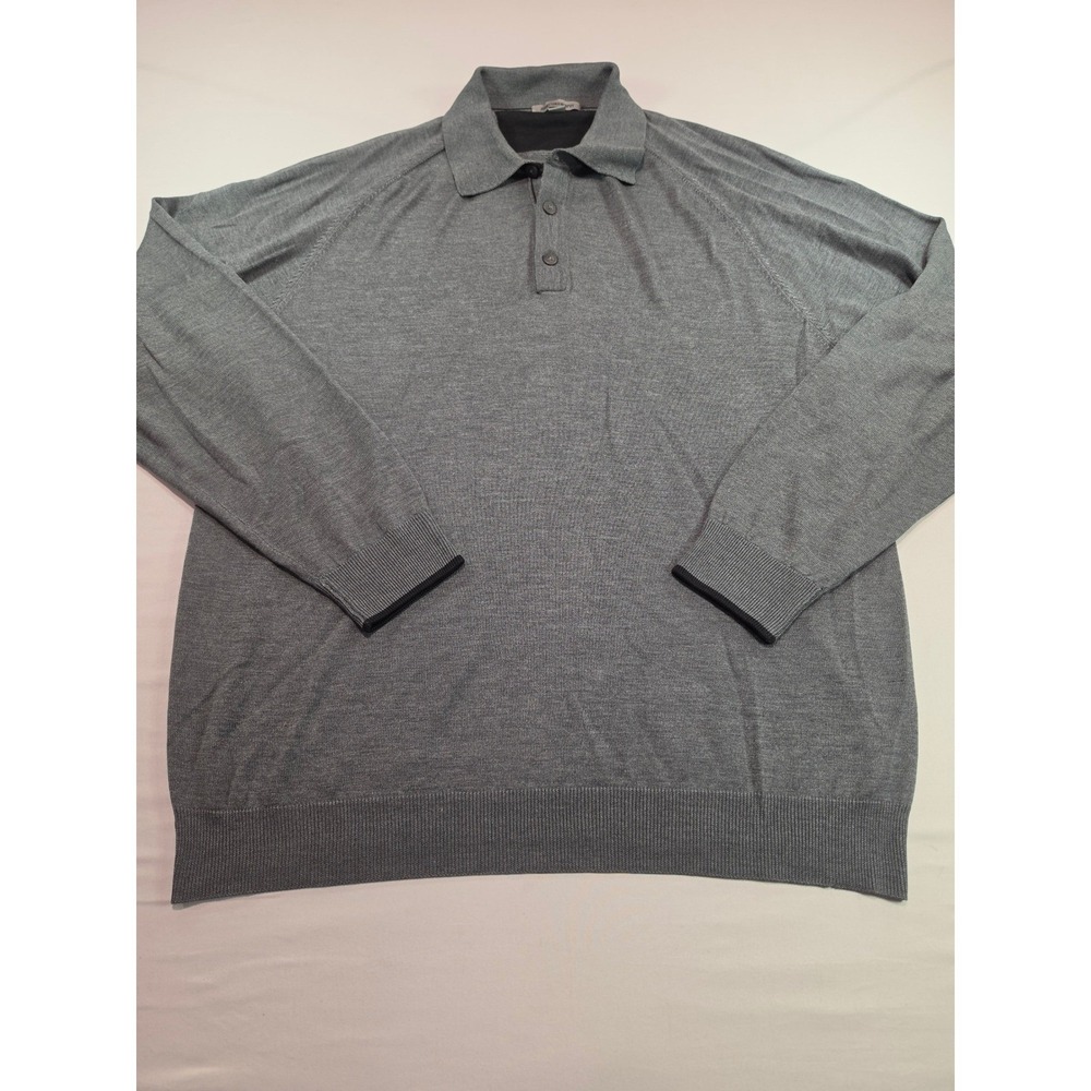 Johnston & Murphy Mens Large 100% Silk Knit Polo Sweater Long Sleeve Grey 1109‎